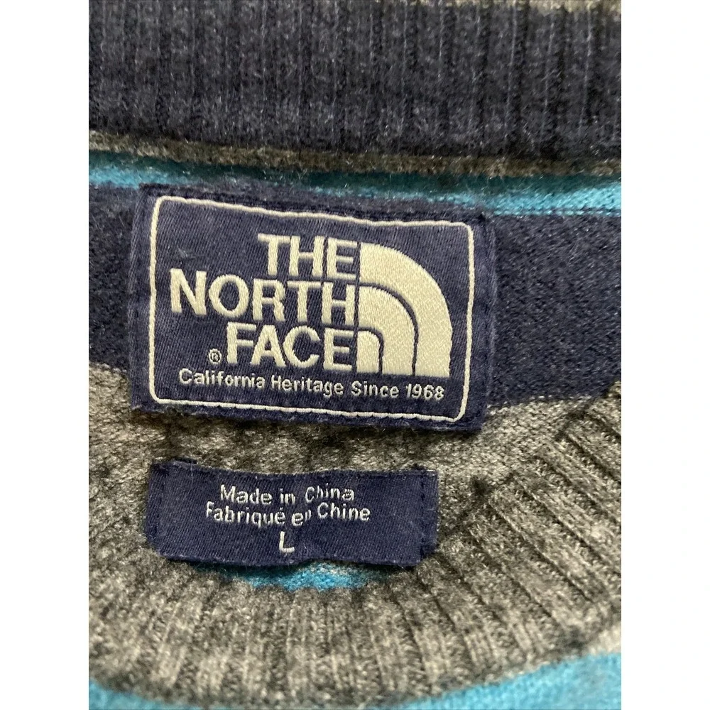 North Face Men's Crewneck Sweater Long Sleeve Size Large‎ Blue Gray Stripe
